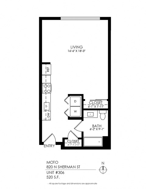 Floor plan for studio, 1 bath, 530 sqft